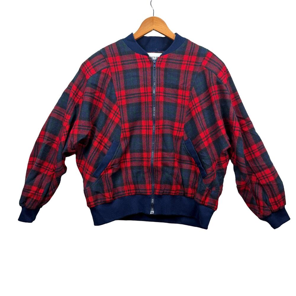 Check Point Wool Zip-up Women’s Bomber Jacket USA Plaid Red Blue sz L